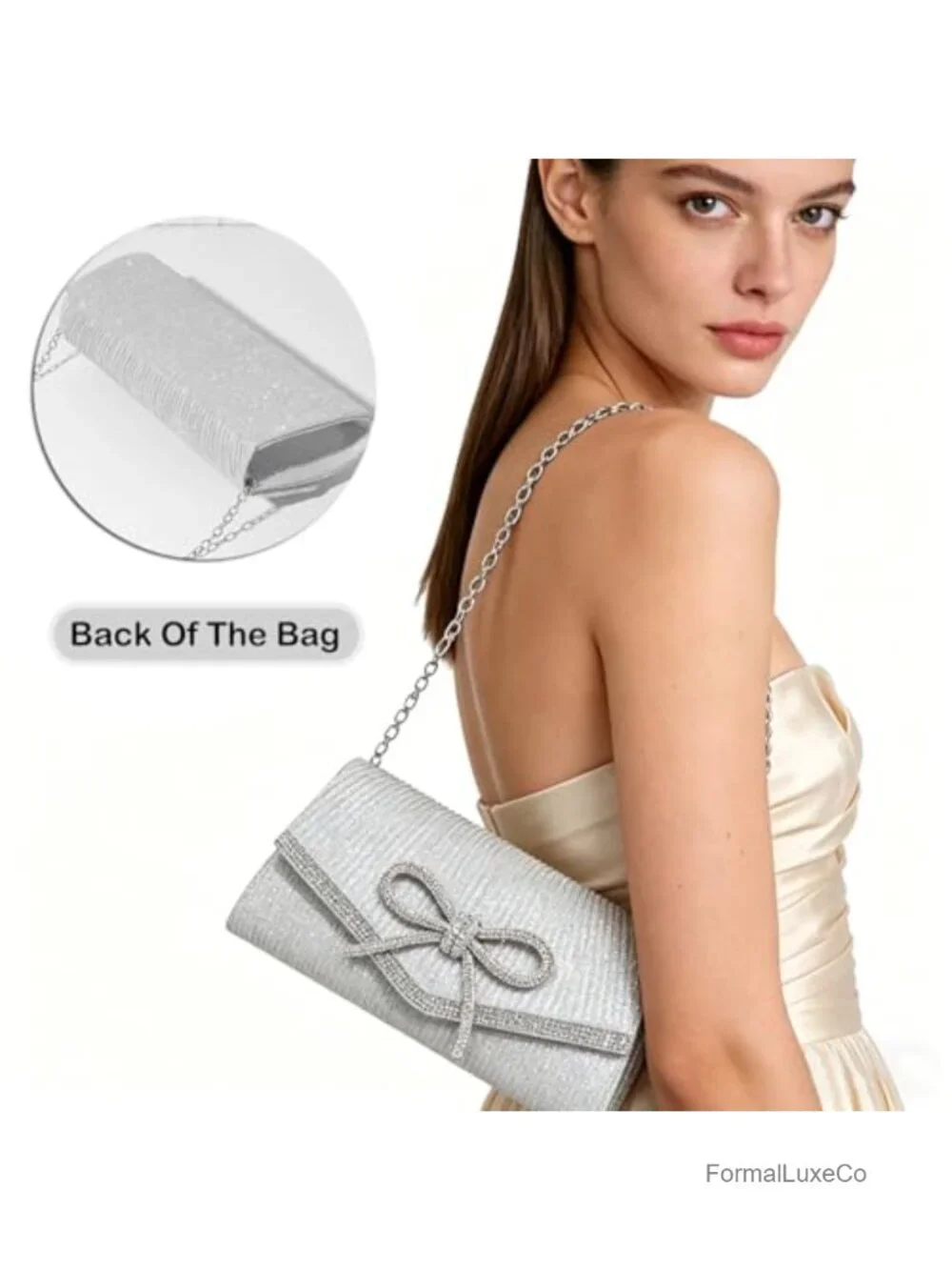 Glitter Bow Clutch Evening Bag with Rhinestone Accents Detachable Chain Strap
